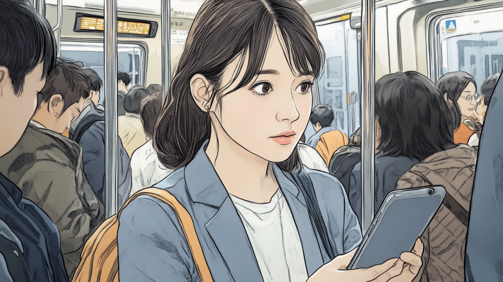 混雑した通勤電車の中でPDFをHTMLに変換された資料をスマホでさくさく読む見込み客